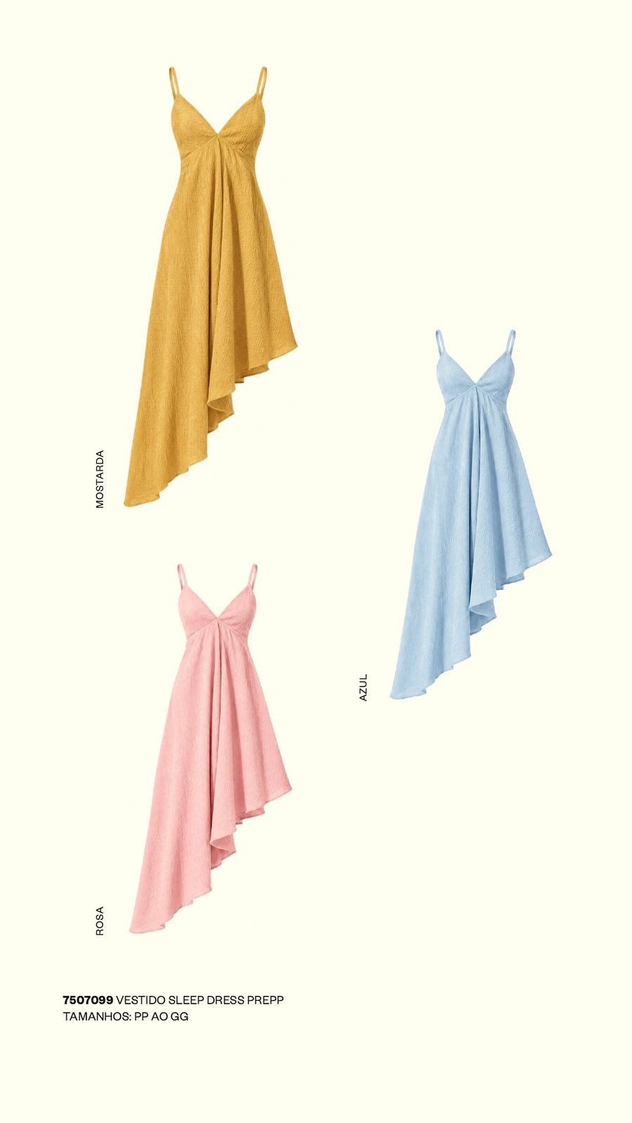 Vestido Sleep Dress Prepp nas cores mostarda, azul e rosa